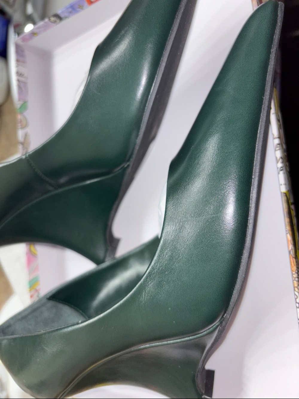 BRAND NEW in BOX perfect for spring!Anthropology heels, 7.5 dark peacock green